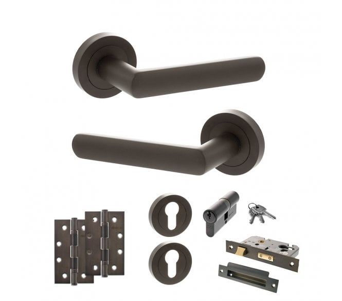STATUS Carolina Door Handle Euro Profile Lock Pack (4 Slim Knuckle Hinges x2) - Urban Dark Bronze