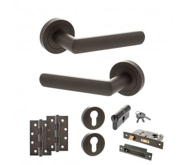 STATUS Carolina Door Handle Euro Profile Lock Pack (4 Slim Knuckle Hinges x2) - Urban Dark Bronze