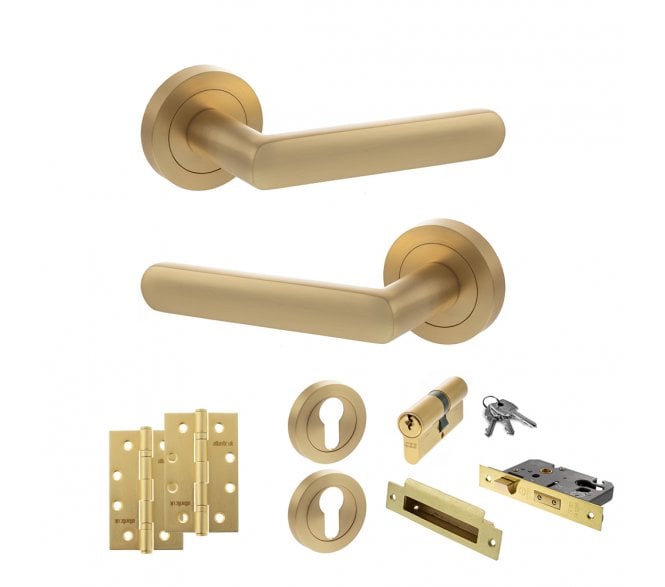 STATUS Carolina Door Handle Euro Profile Lock Pack (4 Slim Knuckle Hinges x2) - Satin Brass
