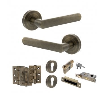 STATUS Carolina Door Handle Euro Profile Lock Pack (3 Ball Bearing Hinges x3) - Antique Brass