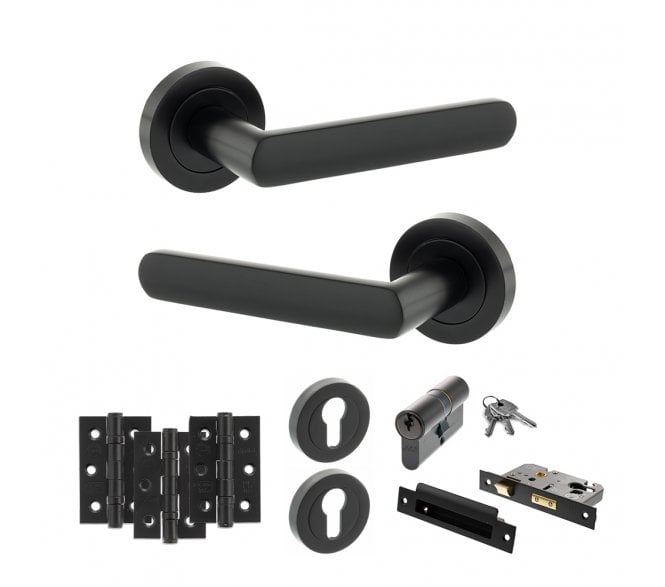 STATUS Carolina Door Handle Euro Profile Lock Pack (3 Ball Bearing Hinges x3) - Matt Black