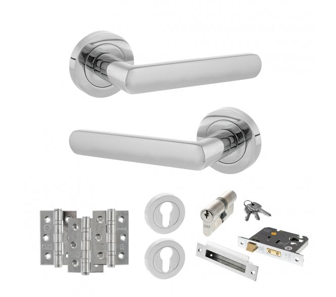 STATUS Carolina Door Handle Euro Profile Lock Pack (3 Ball Bearing Hinges x3) - Polished Chrome