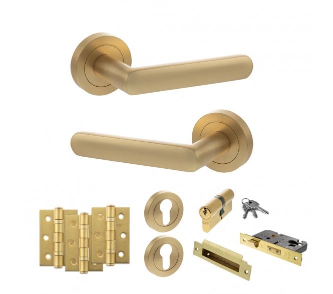 STATUS Carolina Door Handle Euro Profile Lock Pack (3 Ball Bearing Hinges x3) - Satin Brass