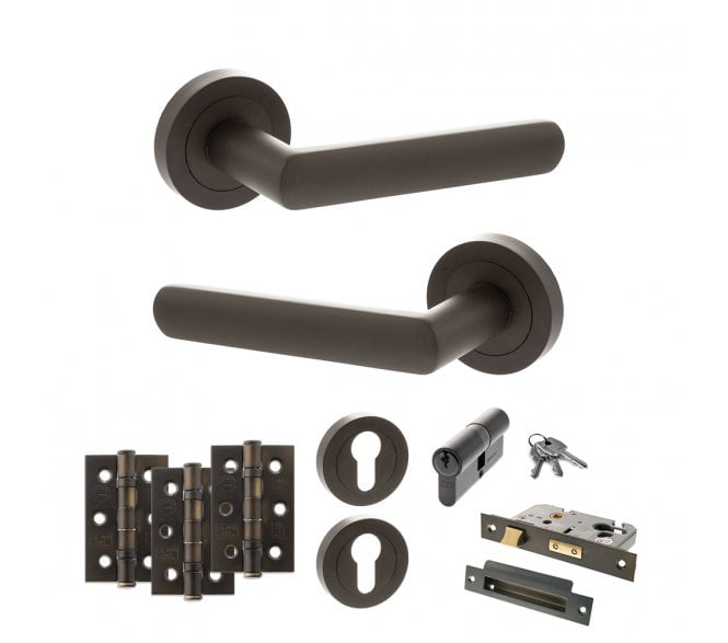 STATUS Carolina Door Handle Euro Profile Lock Pack (3 Ball Bearing Hinges x3) - Urban Dark Bronze