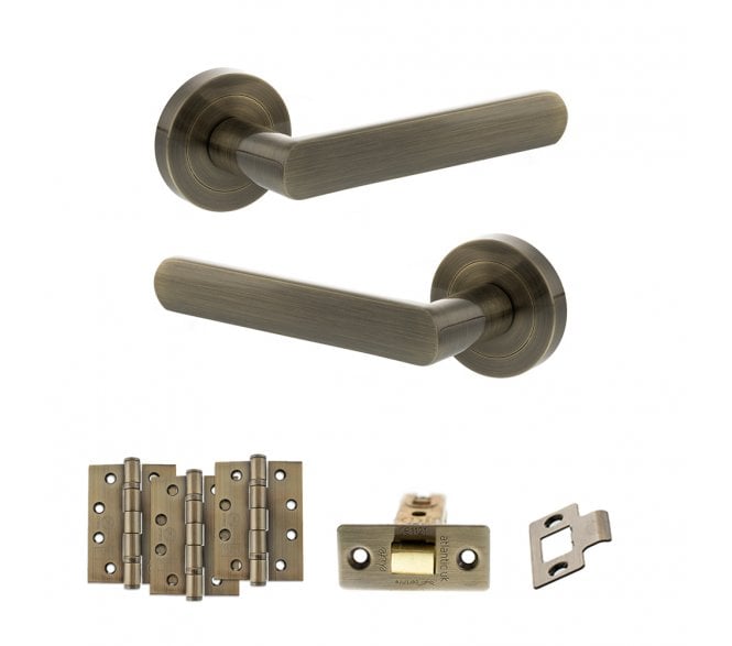 STATUS Carolina Door Handle Latch Pack (4 Fire Rated Hinges x3) - Antique Brass