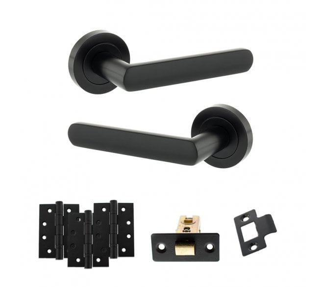STATUS Carolina Door Handle Latch Pack (4 Fire Rated Hinges x3) - Matt Black