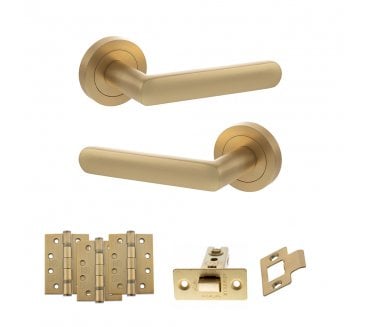 STATUS Carolina Door Handle Latch Pack (4 Fire Rated Hinges x3) - Satin Brass