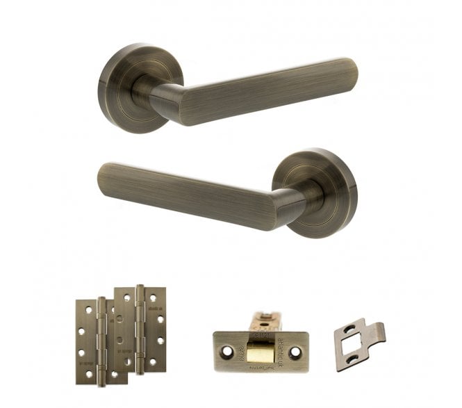 STATUS Carolina Door Handle Latch Pack (4 Slim Knuckle Hinges x2) - Antique Brass