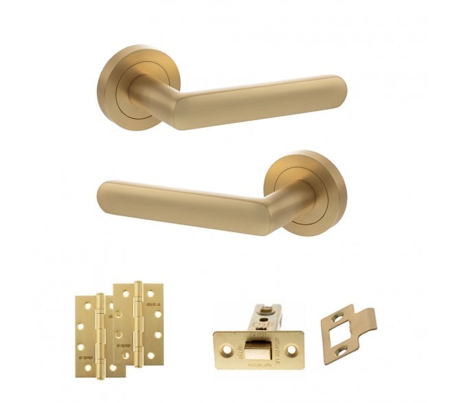 STATUS Carolina Door Handle Latch Pack (4 Slim Knuckle Hinges x2) - Satin Brass