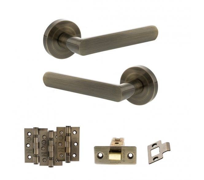 STATUS Carolina Door Handle Latch Pack (3 Ball Bearing Hinges x3) - Antique Brass