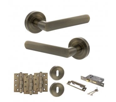 STATUS Carolina Door Handle Lock Pack (4 Fire Rated Hinges x3) - Antique Brass