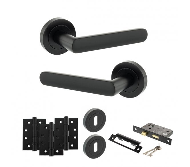 STATUS Carolina Door Handle Lock Pack (4 Fire Rated Hinges x3) - Matt Black