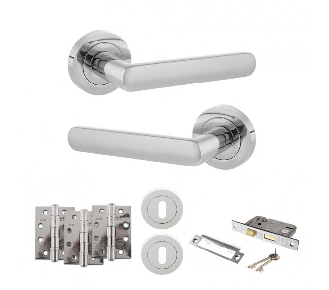 STATUS Carolina Door Handle Lock Pack (4 Fire Rated Hinges x3) - Polished Chrome