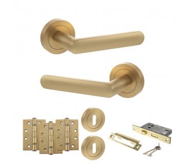 STATUS Carolina Door Handle Lock Pack (4 Fire Rated Hinges x3) - Satin Brass