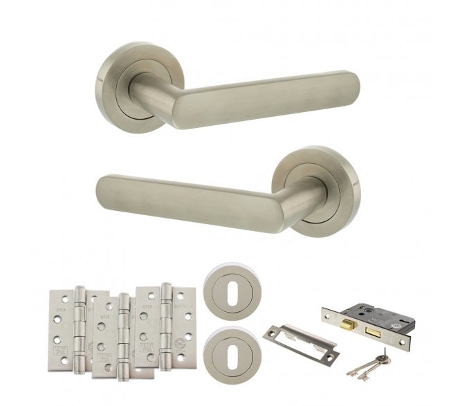 STATUS Carolina Door Handle Lock Pack (4 Fire Rated Hinges x3) - Satin Nickel