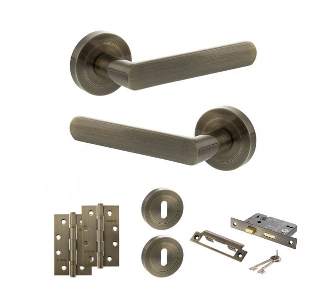 STATUS Carolina Door Handle Lock Pack (4 Slim Knuckle Hinges x3) - Antique Brass