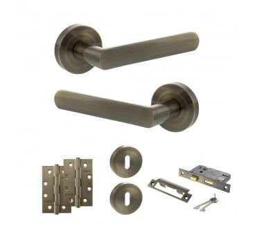 STATUS Carolina Door Handle Lock Pack (4 Slim Knuckle Hinges x3) - Antique Brass