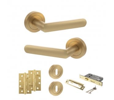 STATUS Carolina Door Handle Lock Pack (4 Slim Knuckle Hinges x3) - Satin Brass