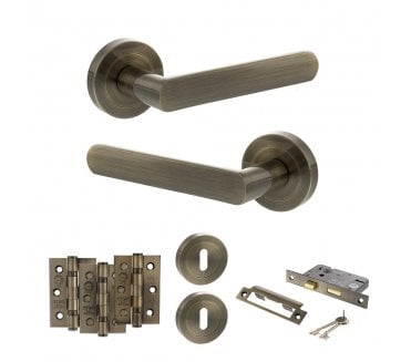 STATUS Carolina Door Handle Lock Pack (3 Ball Bearing Hinges x3) - Antique Brass