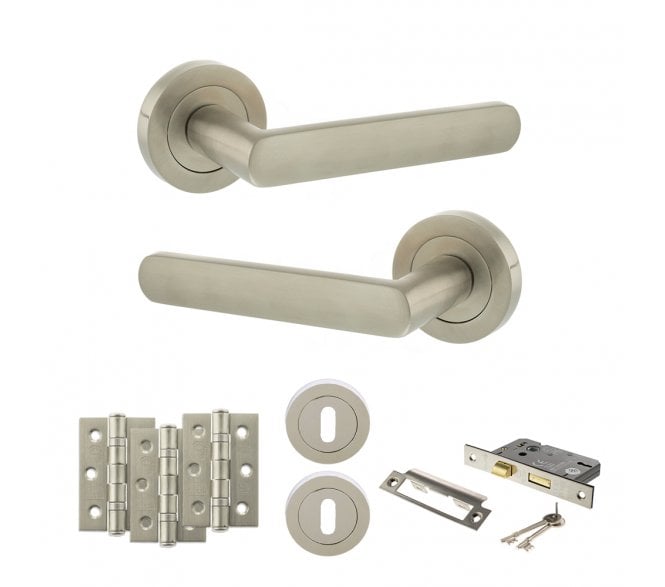 STATUS Carolina Door Handle Lock Pack (3 Ball Bearing Hinges x3) - Satin Nickel
