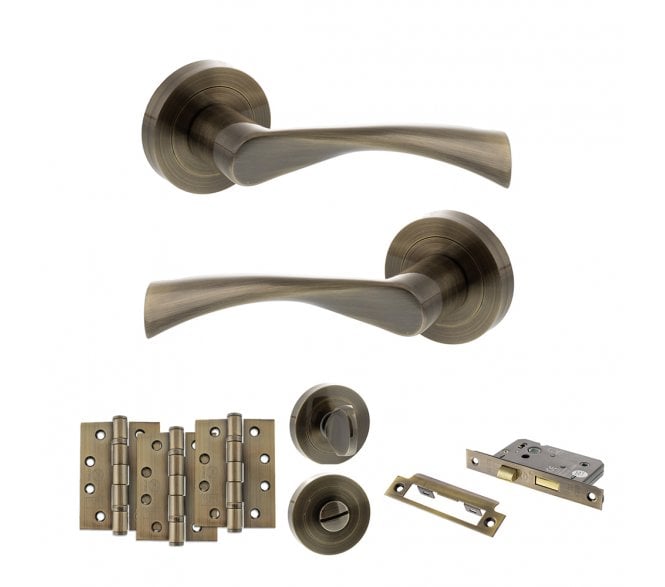 STATUS Colorado Door Handle Bathroom Pack (4 Fire Rated Hinges x3) - Antique Brass