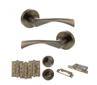 STATUS Colorado Door Handle Bathroom Pack (4 Fire Rated Hinges x3) - Antique Brass