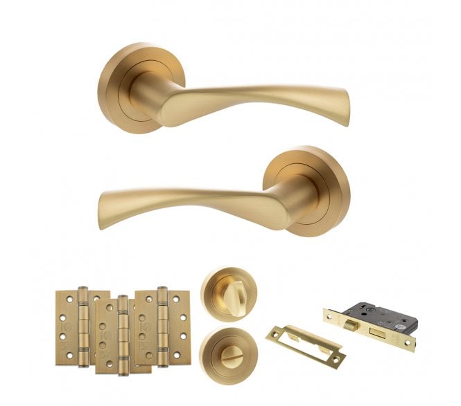 STATUS Colorado Door Handle Bathroom Pack (4 Fire Rated Hinges x3) - Satin Brass