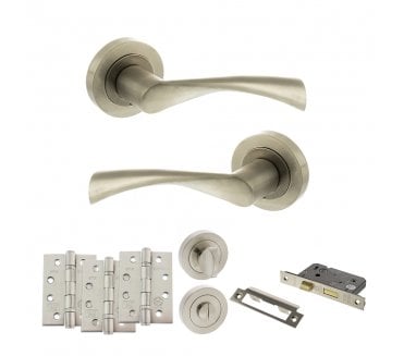 STATUS Colorado Door Handle Bathroom Pack (4 Fire Rated Hinges x3) - Satin Nickel