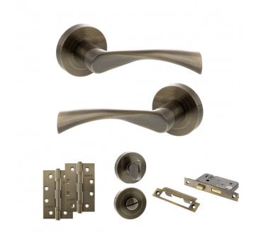 STATUS Colorado Door Handle Bathroom Pack (4 Slim Knuckle Hinges x2) - Antique Brass