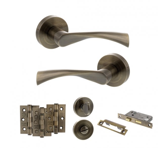 STATUS Colorado Door Handle Bathroom Pack (3 Ball Bearing Hinges x3) - Antique Brass
