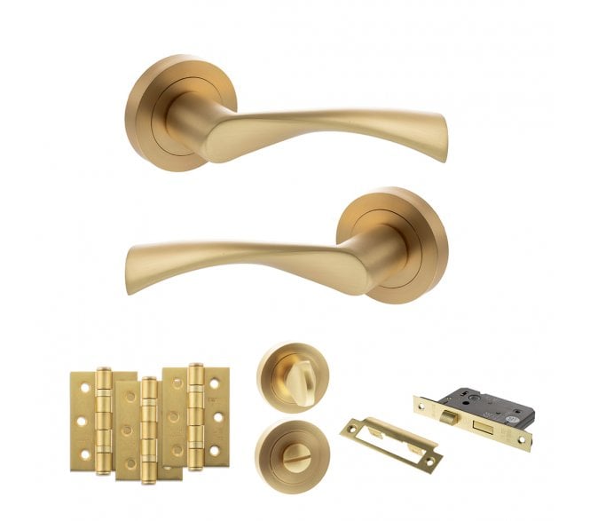 STATUS Colorado Door Handle Bathroom Pack (3 Ball Bearing Hinges x3) - Satin Brass