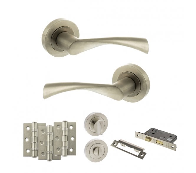 STATUS Colorado Door Handle Bathroom Pack (3 Ball Bearing Hinges x3) - Satin Nickel