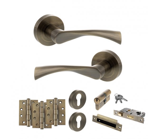 STATUS Colorado Door Handle Euro Profile Lock Pack (4 Fire Rated Hinges x3) - Antique Brass