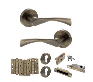 STATUS Colorado Door Handle Euro Profile Lock Pack (4 Fire Rated Hinges x3) - Antique Brass