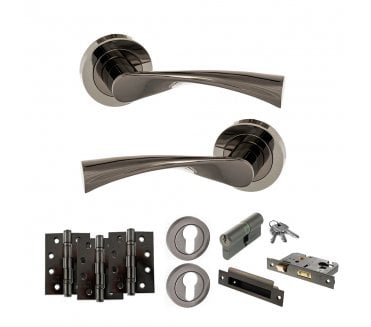 STATUS Colorado Door Handle Euro Profile Lock Pack (4 Fire Rated Hinges x3) - Black Nickel