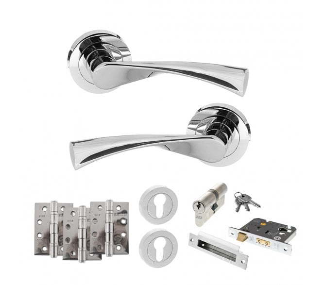 STATUS Colorado Door Handle Euro Profile Lock Pack (4 Fire Rated Hinges x3) - Polished Chrome
