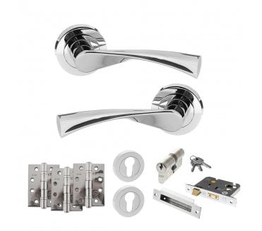 STATUS Colorado Door Handle Euro Profile Lock Pack (4 Fire Rated Hinges x3) - Polished Chrome