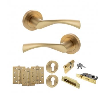 STATUS Colorado Door Handle Euro Profile Lock Pack (4 Fire Rated Hinges x3) - Satin Brass