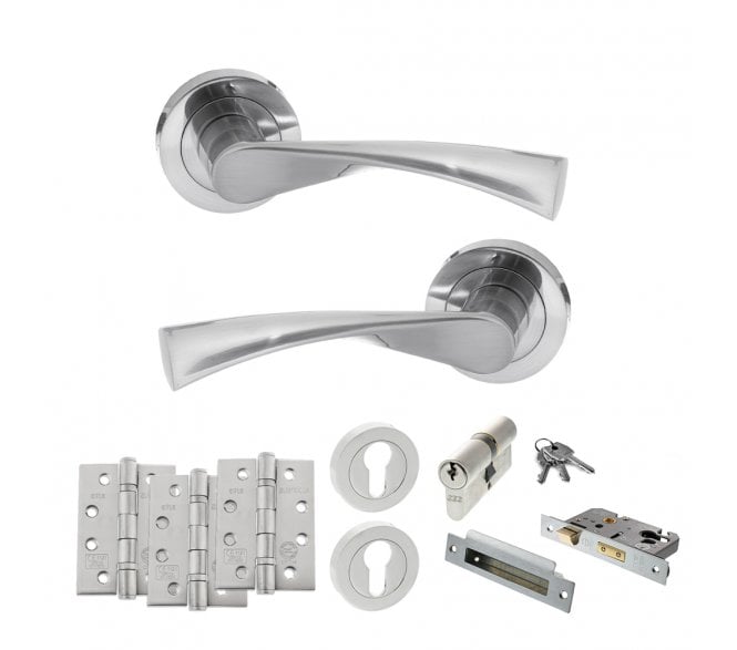 STATUS Colorado Door Handle Euro Profile Lock Pack (4 Fire Rated Hinges x3) - Satin Chrome
