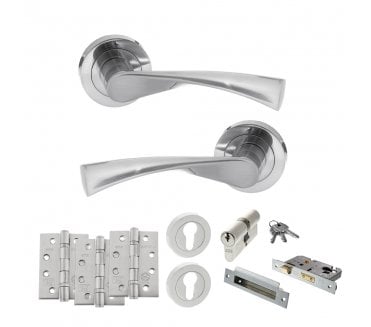 STATUS Colorado Door Handle Euro Profile Lock Pack (4 Fire Rated Hinges x3) - Satin Chrome
