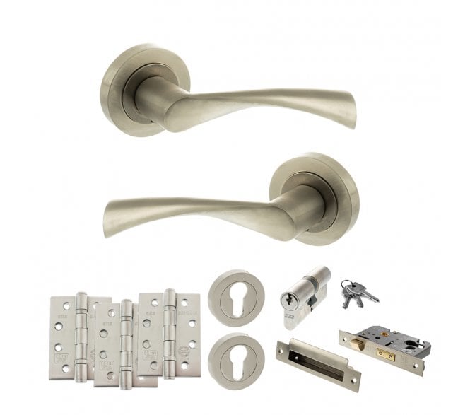 STATUS Colorado Door Handle Euro Profile Lock Pack (4 Fire Rated Hinges x3) - Satin Nickel
