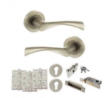 STATUS Colorado Door Handle Euro Profile Lock Pack (4 Fire Rated Hinges x3) - Satin Nickel