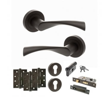 STATUS Colorado Door Handle Euro Profile Lock Pack (4 Fire Rated Hinges x3) - Urban Dark Bronze