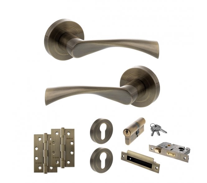 STATUS Colorado Door Handle Euro Profile Lock Pack (4 Slim Knuckle Hinges x2) - Antique Brass