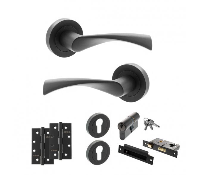 STATUS Colorado Door Handle Euro Profile Lock Pack (4 Slim Knuckle Hinges x2) - Matt Black