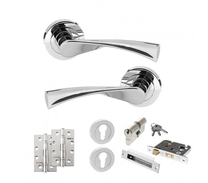 STATUS Colorado Door Handle Euro Profile Lock Pack (4 Slim Knuckle Hinges x2) - Polished Chrome