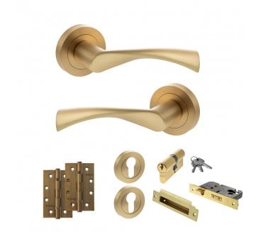 STATUS Colorado Door Handle Euro Profile Lock Pack (4 Slim Knuckle Hinges x2) - Satin Brass