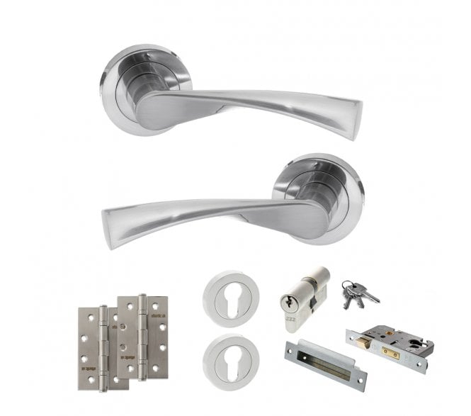 STATUS Colorado Door Handle Euro Profile Lock Pack (4 Slim Knuckle Hinges x2) - Satin Chrome