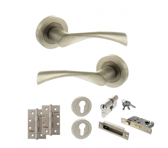 STATUS Colorado Door Handle Euro Profile Lock Pack (4 Slim Knuckle Hinges x2) - Satin Nickel