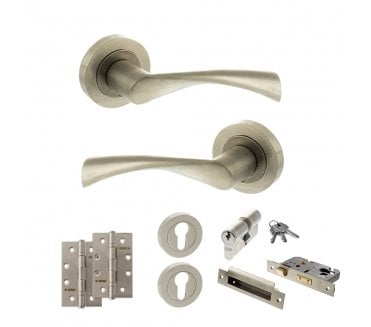 STATUS Colorado Door Handle Euro Profile Lock Pack (4 Slim Knuckle Hinges x2) - Satin Nickel